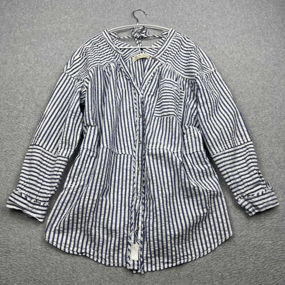 We The Free One of the Boys Tunic Womens Medium Blue Striped Oversize Seersucker